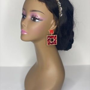 Red Alloy Diamond-Studded Glass Multi-layer Square Earrings